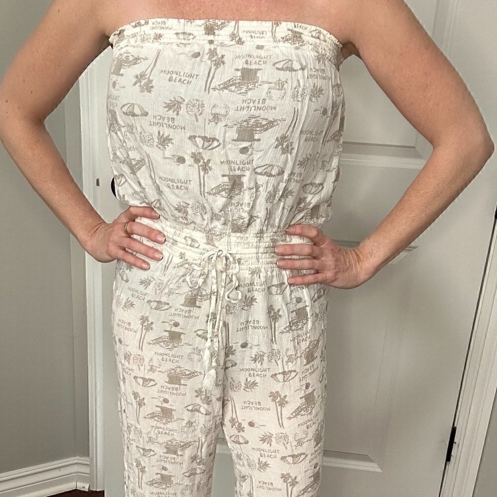 Aerie Strapless Jumpsuit Wide Leg Size M EUC White & Gray